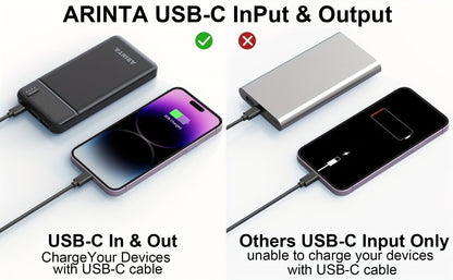Power Bank 10000mAh Slim with 22.5W PD, 20W USB-C Input/Output and Dual USB-A Ports in Black or White