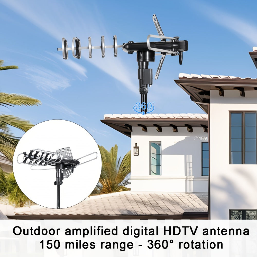 TV Antenna with Motorized Outdoor Yagi Array, Two-TV Control Box, Remote, RG6 Cable and Mounting Pole