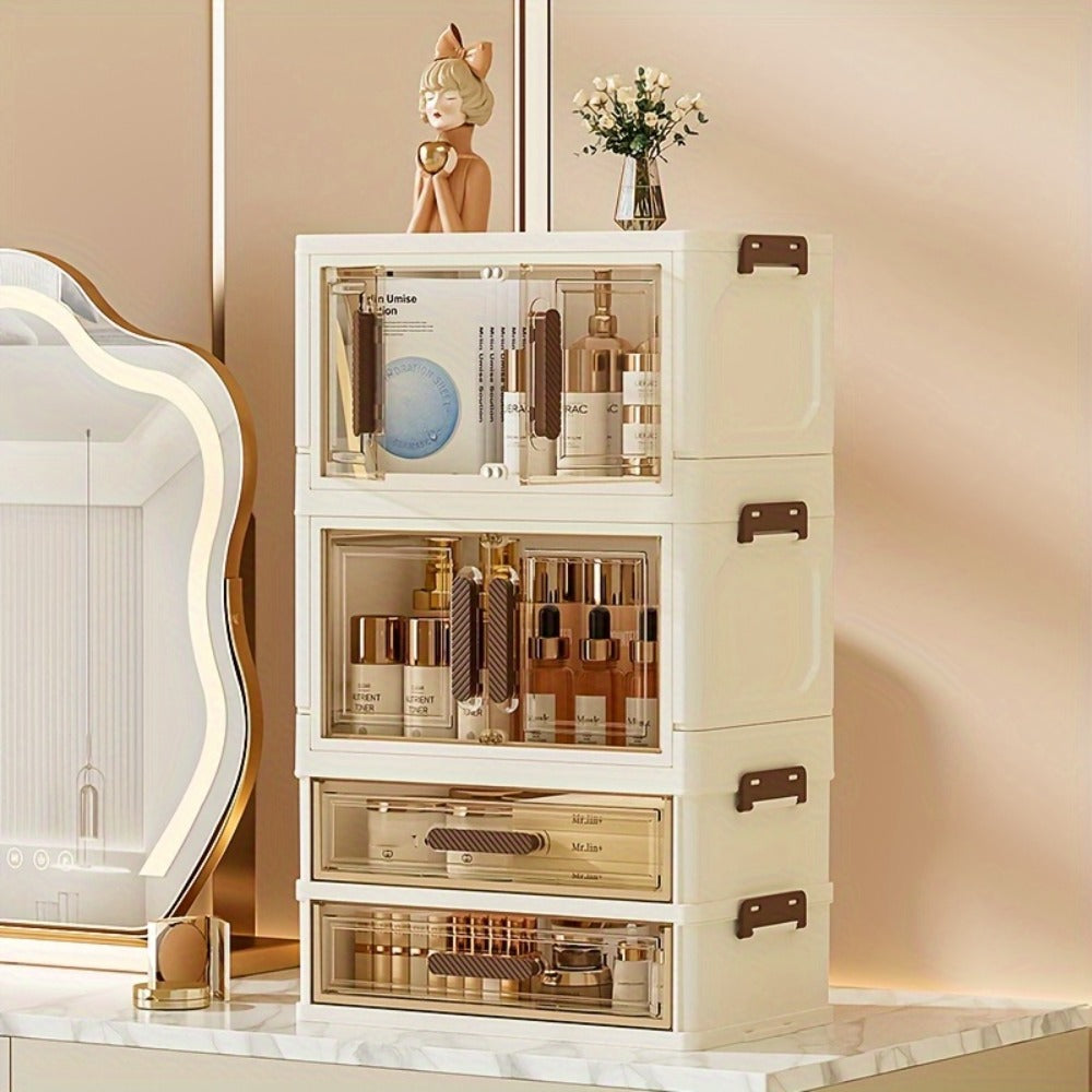 Makeup Storage Cabinet with Transparent Drawers, Stackable Cosmetic Organizer for Vanity, Foldable Plastic Skincare Storage Box, Retro White Gold Design, Desk Organizer for Bedroom Home