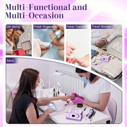 Nail Drill Kit 35000 RPM with 100 Sanding Bands Multiple Drill Bits Electric Nail File for Acrylic Gel Nails Manicure Pedicure Salon Home Use Purple Pink Black