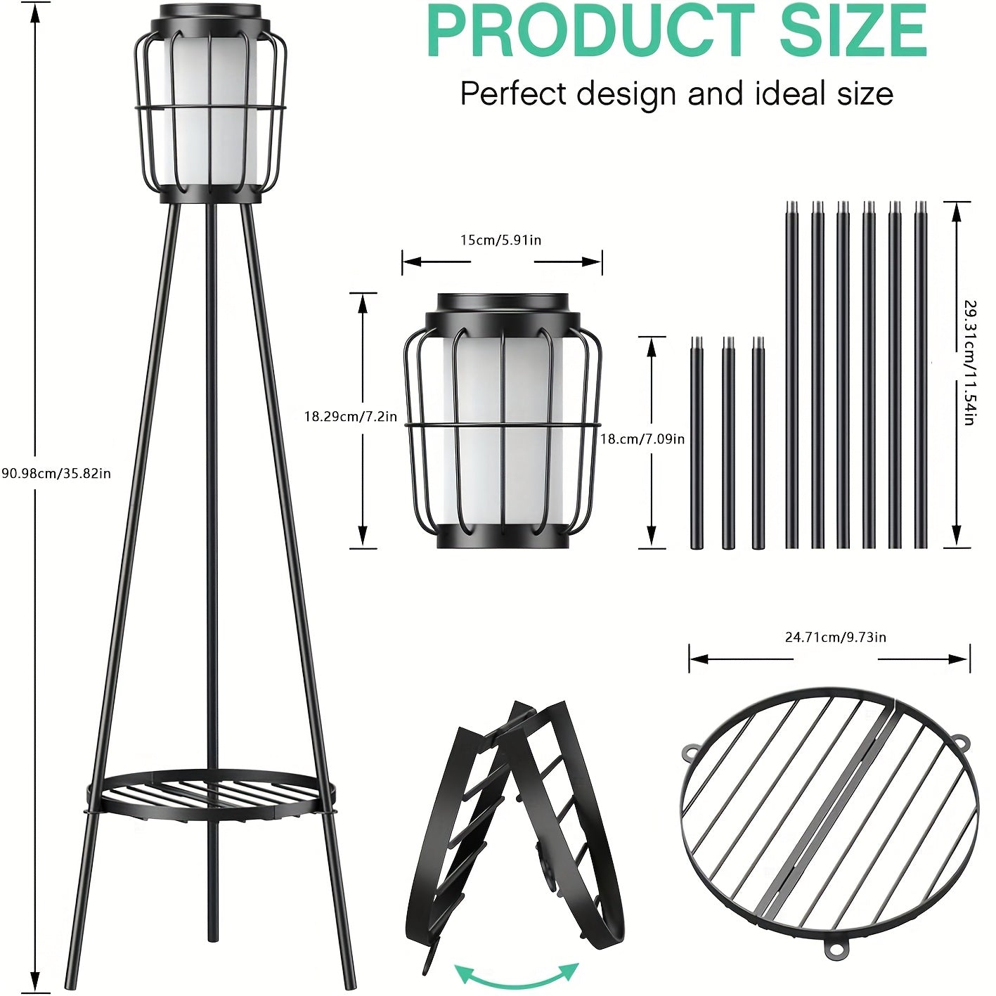 Solar Floor Lamp with Metal Plant Stand 36 Inch Outdoor Solar Light Flower Shelf for Patio Deck Yard Garden Outdoor Decor Gift Set of 2