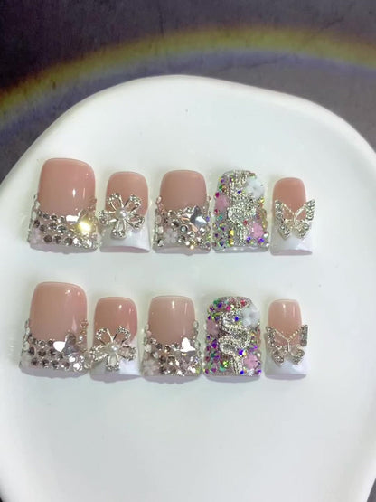Press On Nails 10-Piece Duckbill Acrylic Set with White French, Floral and AB Shimmer Designs in S, M or L