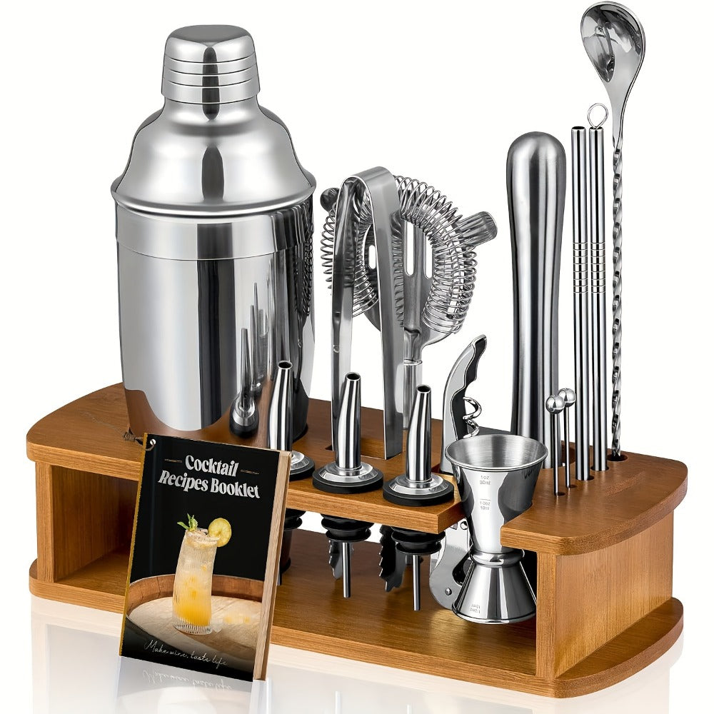 Cocktail Shaker Tool Set with Bamboo-Look Organizer, Jigger, Strainer, Muddler and Pouring Accessories