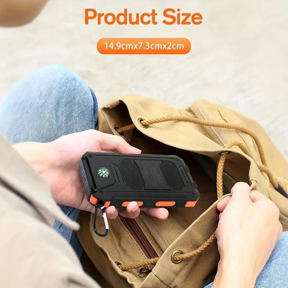 Solar Power Bank, 50000mAh Dual-USB Charger with Solar Panel, Dual LED Flashlights, Compass and Four Colors