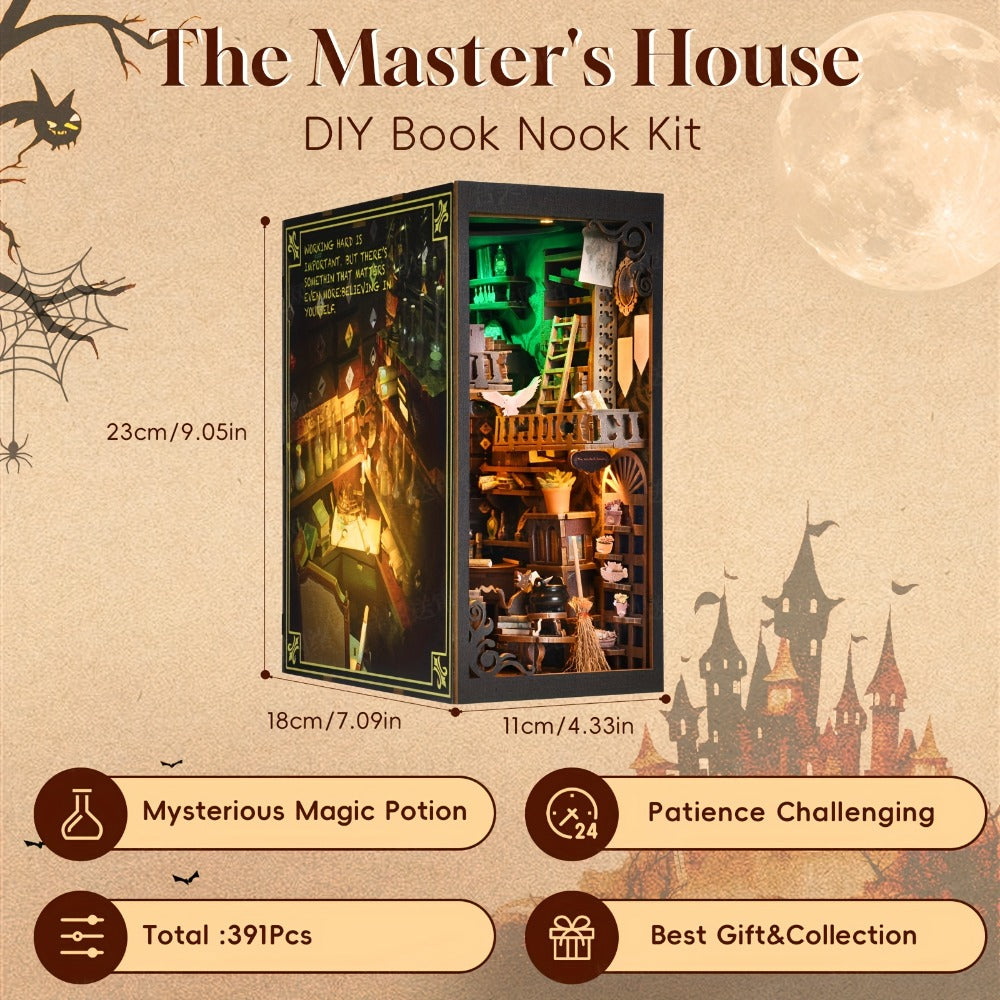 Master’s House Book Nook Kit with 319-Piece Potion Workshop Scene, Yellow and Green Lights and Touch Sensor