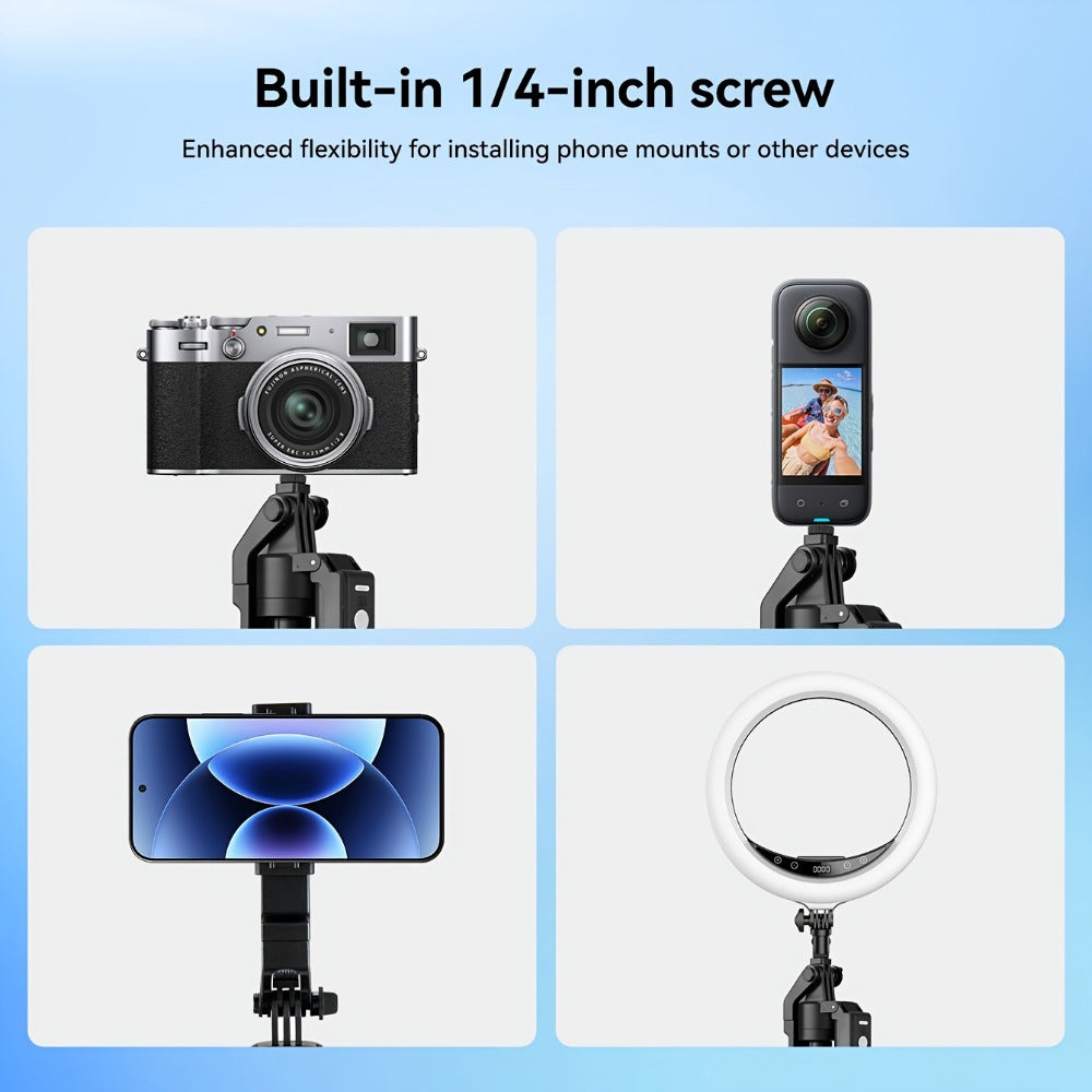 AI Selfie Stick Tripod with 360° Face Tracking, Built-In Fill Light & Wireless Remote – Sleek Metal Finish, Adjustable Height, Compatible with iPhone & Android for YouTube TikTok Vlogging Travel Photography