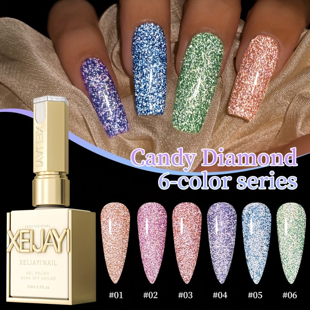 Gel Nail Polish Set with XEIJAYI Label, 6 Crushed Starlight Glitter Colors in 0.51oz Bottles
