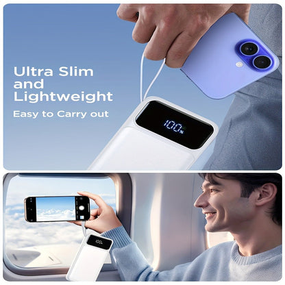 20000mAh Power Bank with Four Built-In Cable Leads, 20W Marking, Percentage Display and Three Colors