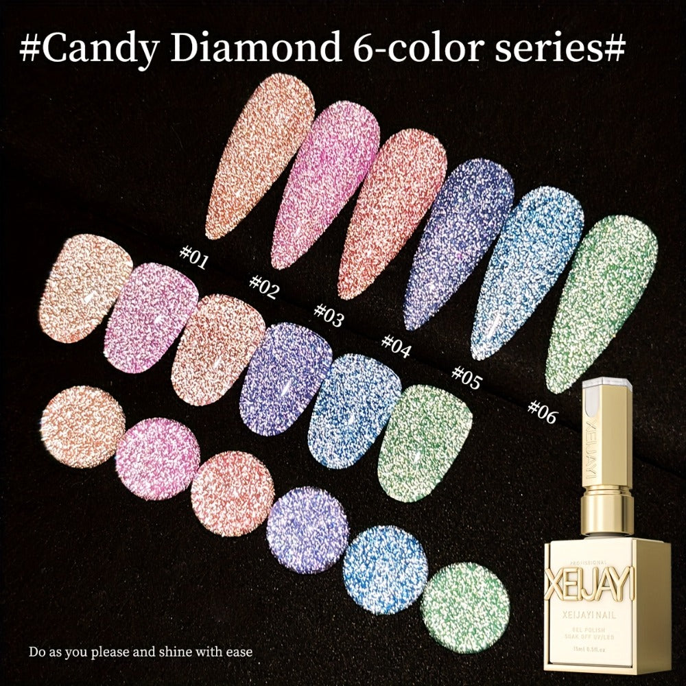 Gel Nail Polish Set with XEIJAYI Label, 6 Crushed Starlight Glitter Colors in 0.51oz Bottles