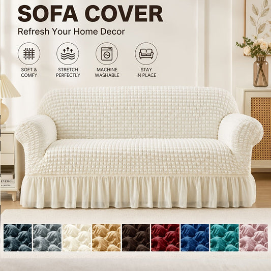 Seersucker Sofa Slipcover Elastic Band Closure Pet-Friendly All-Purpose Sofa Cover for Living Room Home Decor Protection — Single 2 4 Seater Multiple Colors