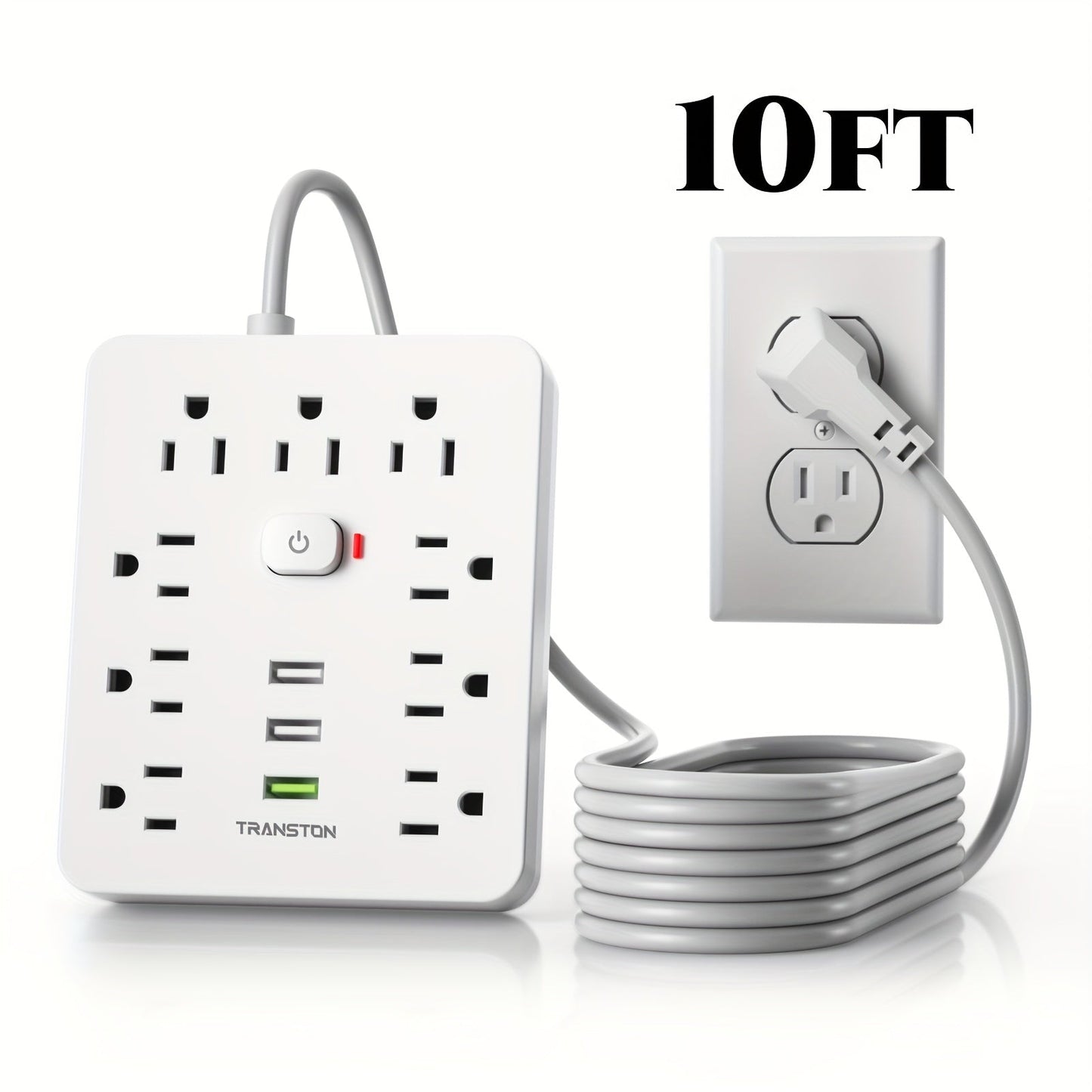 Power Strip 12-in-1 with 45-Degree Angled Plug, 9 AC Outlets, 3 USB-A Ports and 10-Foot Extension Cord