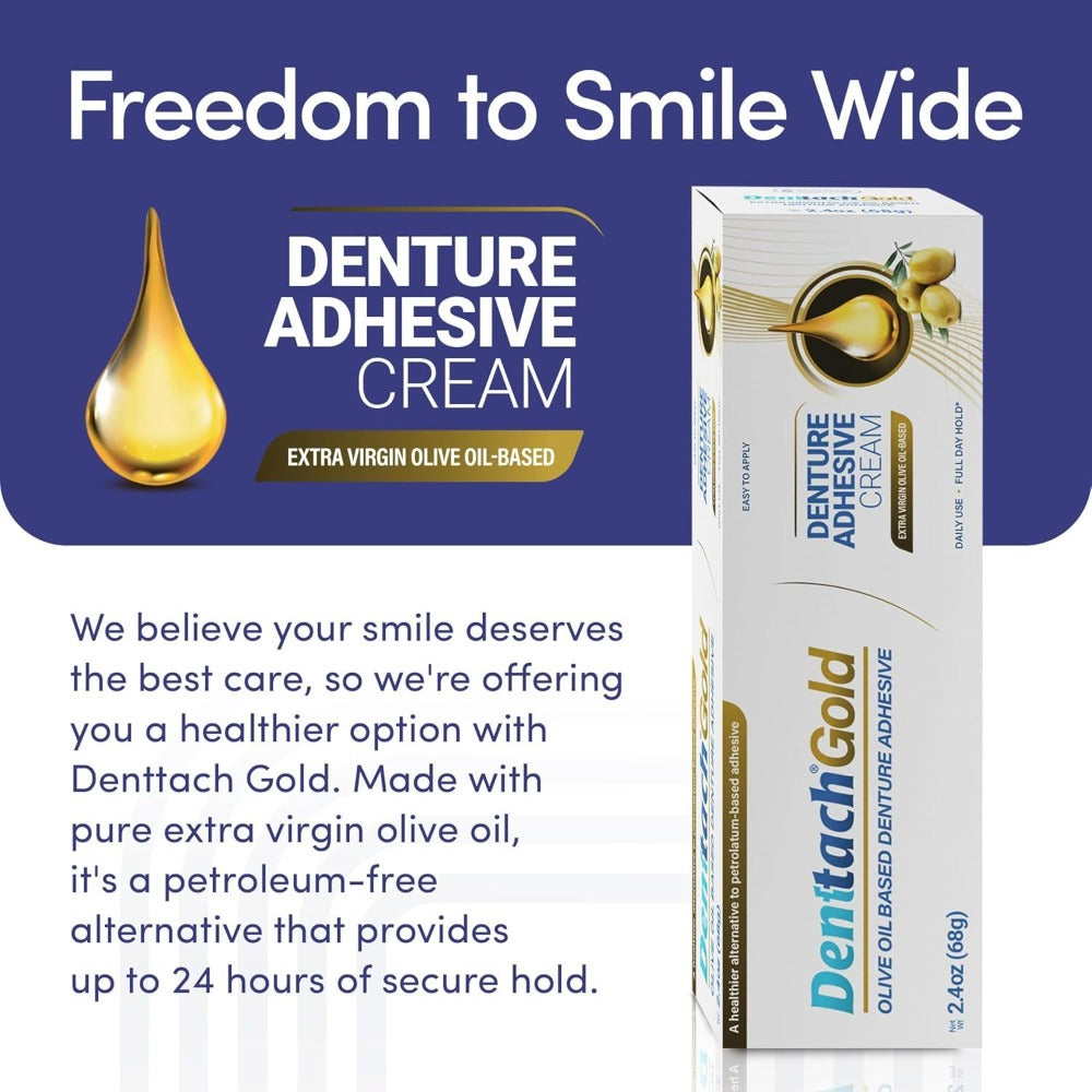 Denture Adhesive Cream Zinc-Free Olive Oil Formula, All Day for Full & Partial Dentures Petroleum-Free