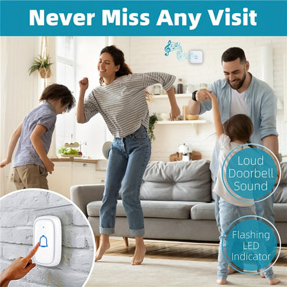 Long Range Doorbell Kit 1000ft - 115dB Loud Wireless Chime, 56 Melodies, 7 Volume Levels, Mute Mode, Battery Operated, 1 Button + 2 Plug-In Receivers, for Home Office Garage Elderly