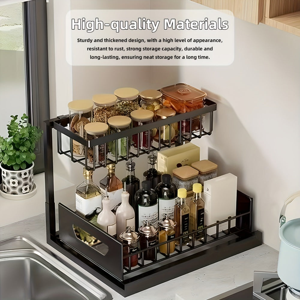 Two-Tier Pull-Out Cabinet Organizer with Upper and Lower Sliding Trays in Grey, Black or White Package Options