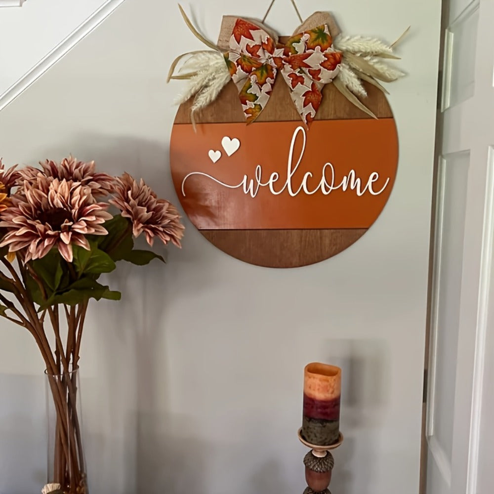 Hello Fall Pumpkin Door Hanger with Wheat Sprays, Layered Bow and 11.8-Inch Round Wood-Look Sign