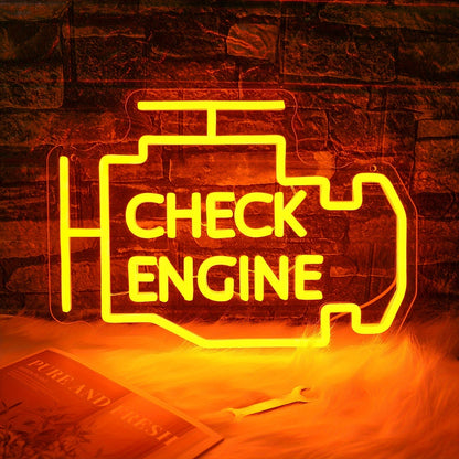 Check Engine Neon Sign – LED Dimmable USB Powered Neon Light for Garage Wall Decor, Car Repair Shop, Workshop, Man Cave, Game Room, Bedroom & Car Party Decorations (Yellow / Multi-Color Options)