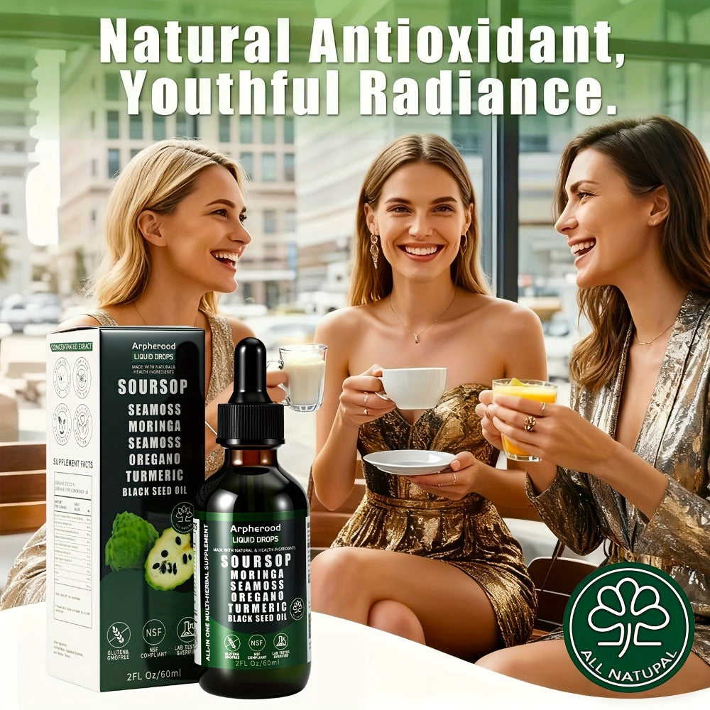 Soursop Graviola Liquid Drops 2 Fl Oz – Leaf & Fruit Blend with Sea Moss, Elderberry & Black Seed Oil | High-Potency Oral Drops for Immune Support, Digestive Health & Liver Wellness | Glass Bottle | Pack of 1, 2 or 3