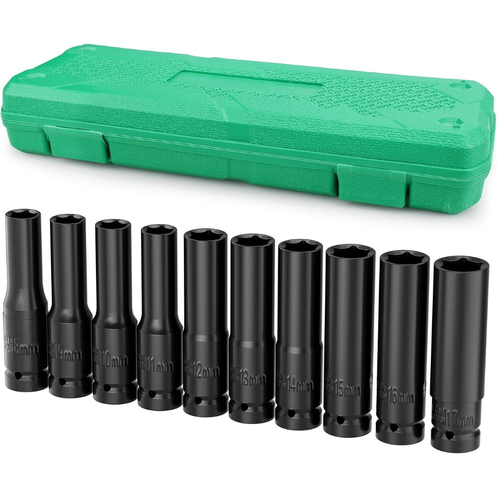 1/2 Inch Deep Impact Socket Set – Chrome Vanadium Steel for Tire Removal, Mechanical Repairs & Car Maintenance | Compatible with Electric & Pneumatic Impact Drills | Green & Black Case