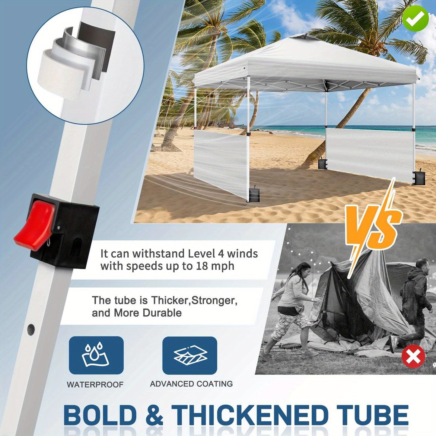 One-Push 10x10ft Canopy Tent with Two Adjustable Half Sidewalls, Four Sandbags and Wheeled Bag