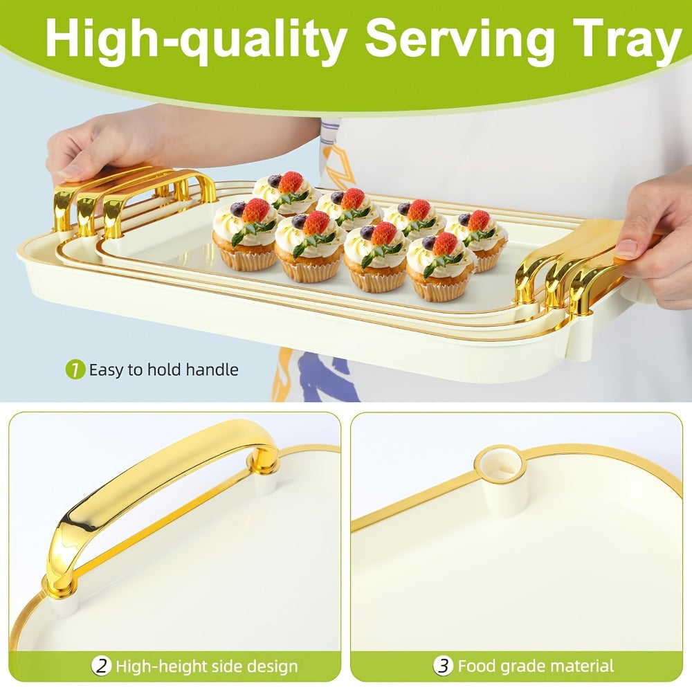 3-Piece Rectangular Serving Tray Set with Handles, Plastic Food Trays for Parties, Dinners & Gatherings