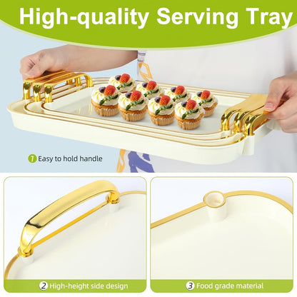 3-Piece Rectangular Serving Tray Set with Handles, Plastic Food Trays for Parties, Dinners & Gatherings