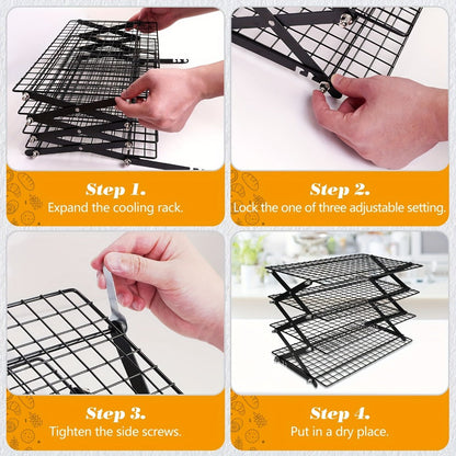 Foldable Cooling Rack for Baking, Stackable Wire Baking Rack with 4-Position Height Adjustment, Collapsible Metal Drying Rack for Cookies Cakes Bread, Camping Grill Rack
