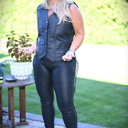 Women's Leather Motorcycle Vest – Concealed Carry Pockets, Lace-Up Sides, Metal Eyelet Accents, Adjustable Straps, Edgy Biker Style, Black, Sizes XS to XXXXXL