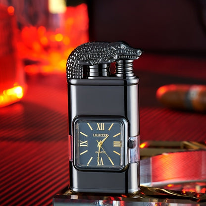 Quartz-Dial Torch Lighter with Rectangular Black Body and Three Sculpted Top Style Options