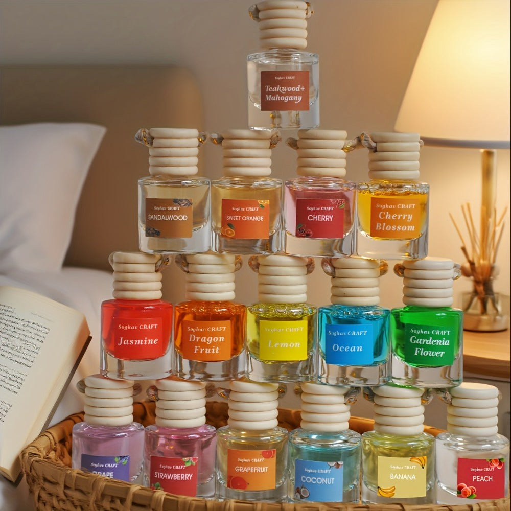 Car Air Freshener 18-Pack Hanging Diffuser Bottles with Six Random Scents and Adjustable Wood Caps
