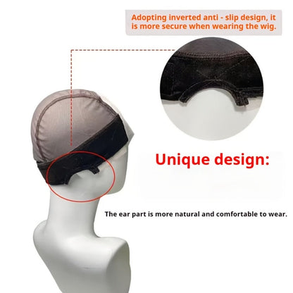 Wide Lace Wig Grip Caps, Two-Piece Set with Ear Cutouts and Adjustable Straps in Brown, Black or Beige