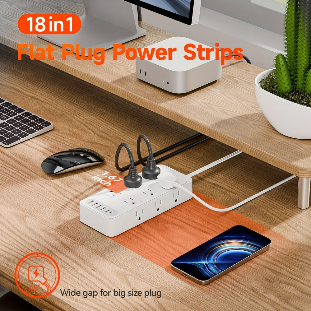 Power Strip Flat Plug 18-in-1 Surge Protector with 12 AC Outlets, 4 USB-A, 2 USB-C and 5- or 10-Foot Cord