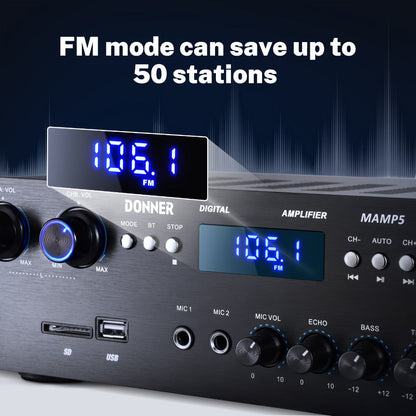 Donner 4-Channel Home Stereo Receiver Amplifier with USB SD FM Radio, Dual Mic Input Echo, RCA