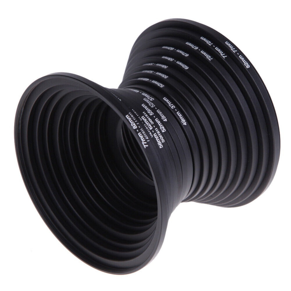 18-Piece Step-Up and Step-Down Lens Filter Adapter Ring Set Covering 37–82 mm Thread Sizes
