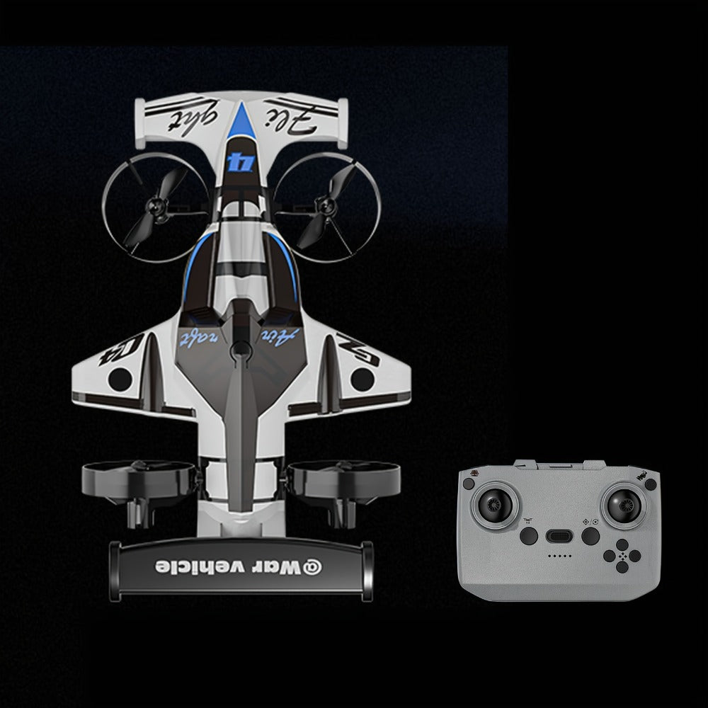 Two-in-One RC Drone and Ground Car with White Body, Two Batteries and Propeller Guards for Indoor Play
