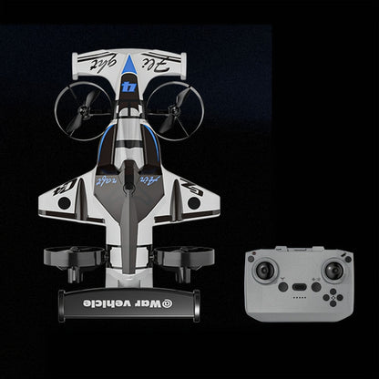 Two-in-One RC Drone and Ground Car with White Body, Two Batteries and Propeller Guards for Indoor Play