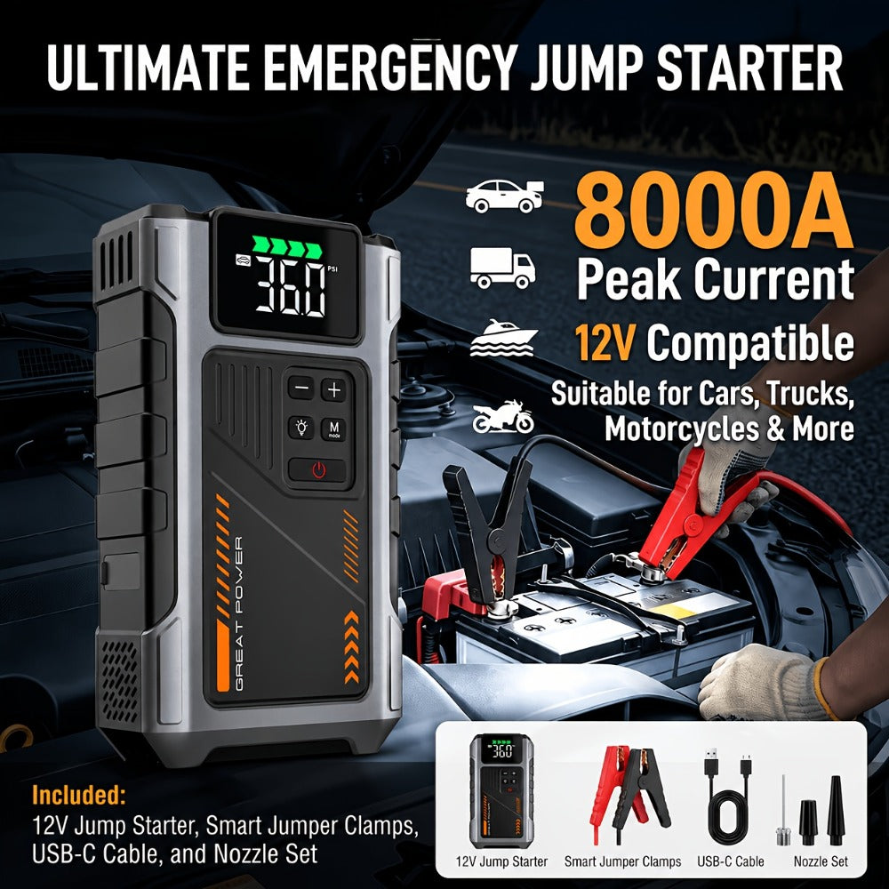 8000A Jump Starter with Air Compressor - 12V Portable Jump Box for Gas & Diesel Cars, USB Ports & LED Flashlight | Up to 8.0L Gas & 6.5L Diesel