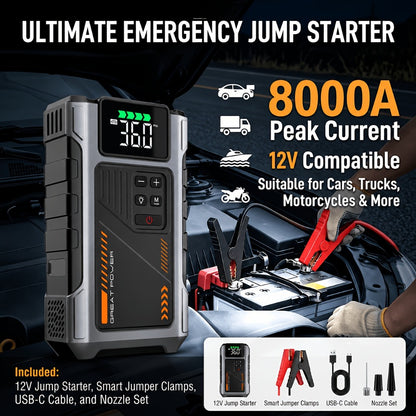 8000A Jump Starter with Air Compressor - 12V Portable Jump Box for Gas & Diesel Cars, USB Ports & LED Flashlight | Up to 8.0L Gas & 6.5L Diesel