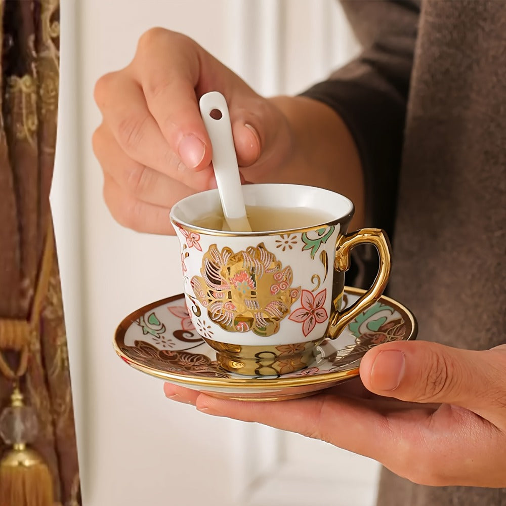 Twenty-Piece Floral Ceramic Tea Set with 15-Ounce Teapot, Six Cups, Saucers, Spoons and Metal Rack