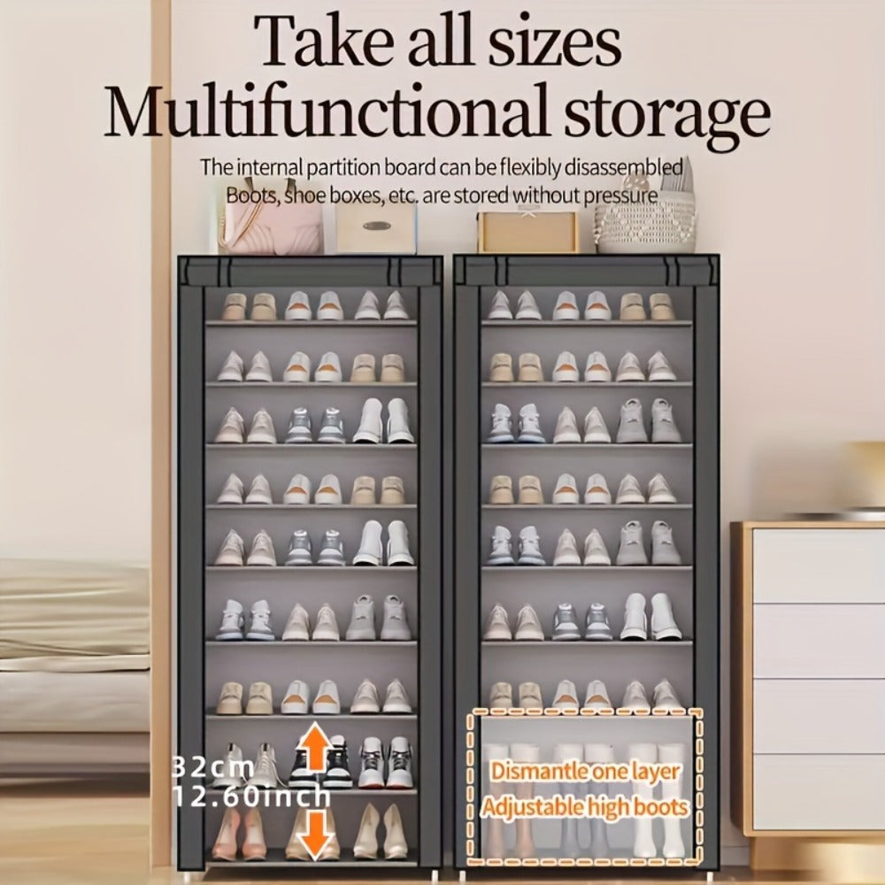 10-Layer Shoe Rack with Dust Cover – Non-Woven Portable Shoe Cabinet Organizer for Entryway, Bedroom & Dormitory Storage