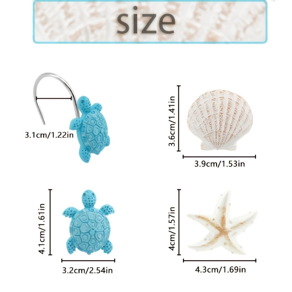 12-Piece Marine Shower Curtain Hook Set with Blue Turtle, Starfish and Seashell Decorations