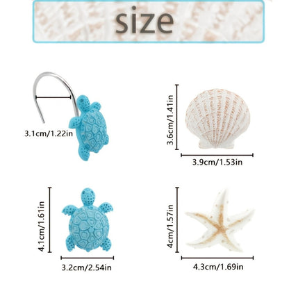 12-Piece Marine Shower Curtain Hook Set with Blue Turtle, Starfish and Seashell Decorations
