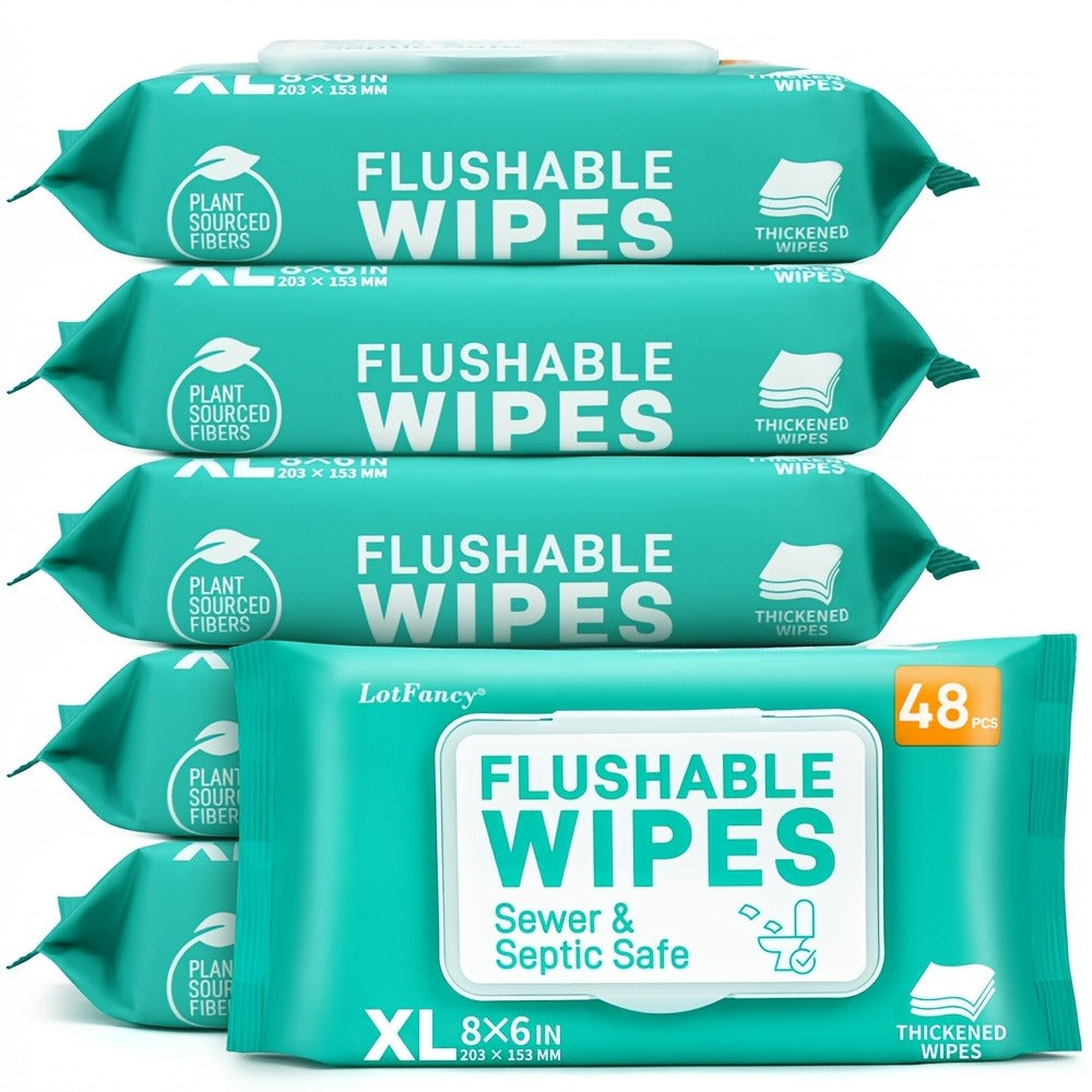 Flushable Wet Wipes Extra Large Thickened 48ct – Alcohol-Free Plant-Based Butt Wipes, Septic Safe, Quick-Dispersing for Baby Sensitive Skin, Feminine & Personal Care – Pack of 3 or 6