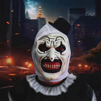 White Horror Clown Costume Mask with Full-Head Latex-Style Hood, Red Teeth and Attached Black Hat