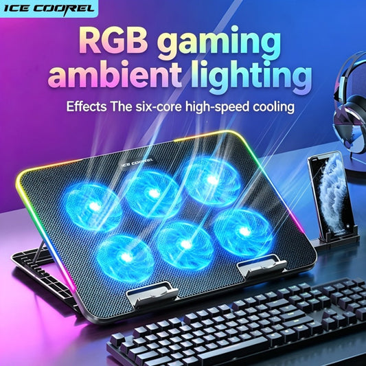 Laptop Cooling Pad ICE COOREL 6 Fans 12-17.3 Inch 5 Adjustable Heights 2 USB Ports RGB Gaming Laptop Cooler Stand Full Coverage Heat Dissipation for Gaming Work Home Office A9 A9R