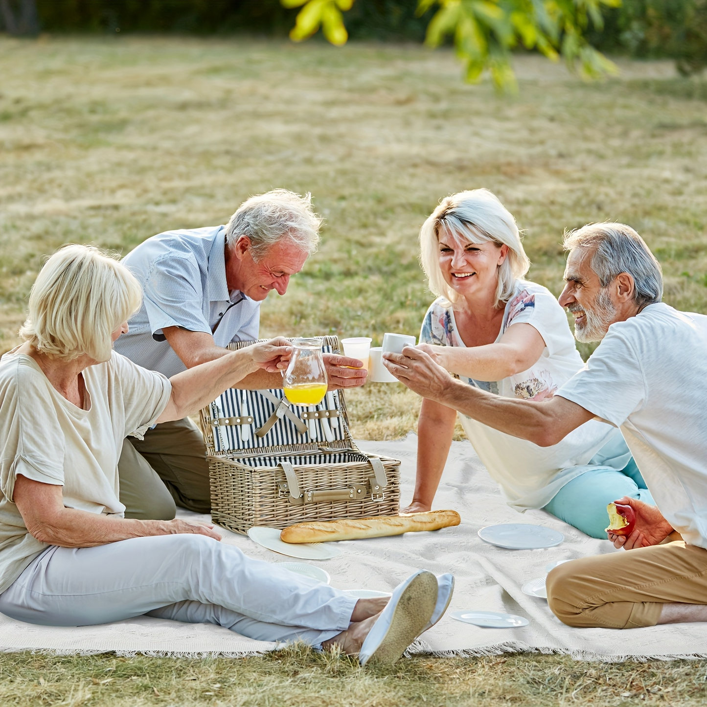 91 x 71-Inch Picnic Blanket in White Woven Cotton with Subtle Geometric Texture and Fringe Edges