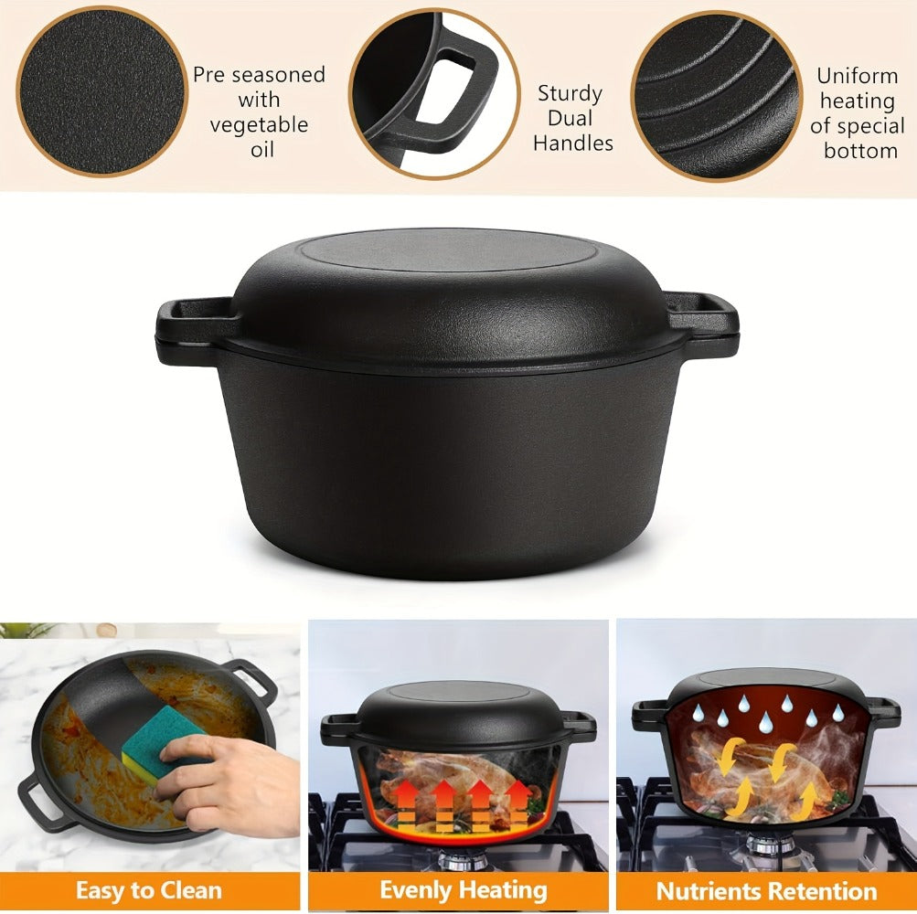 Cast Iron Dutch Oven Set 5.1QT & 7QT with Skillet Lid – Pre-Seasoned 2-in-1 Cookware for Stovetop, Induction, Oven, Campfire & BBQ, Sourdough Bread Baking, Frying, Camping