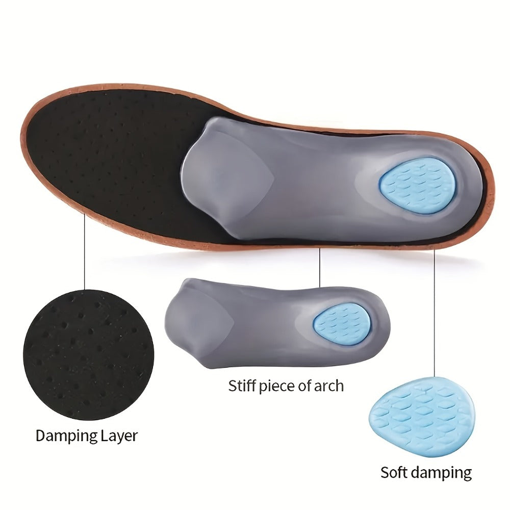 Brown Leather-Look Arch-Support Shoe Inserts with Blue Heel Cushion in Five Unisex Size Options