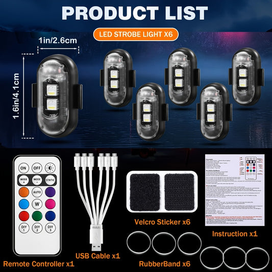 Wireless LED Strobe Warning Lights 6-Pack 8 Colors USB Charging IP65 Waterproof Anti-Collision Safety Light for Car Interior Truck Motorcycle Bicycle Drone – Remote Control Option Available