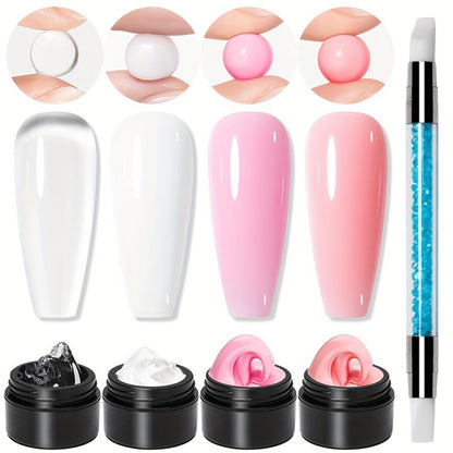 Builder Gel Nail Extension Starter Kit 5pcs Clear Nude Solid — Hard Gel Sculpting Set with Flower Molds & Sculpting Brush for 3D Floral Nail Art, Rhinestone Acrylic Extensions for Women Beginners & Salon