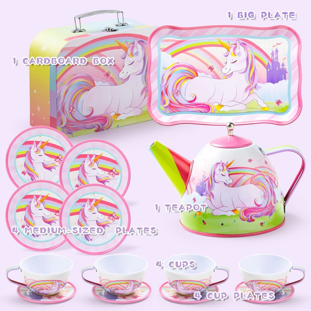 Pink Unicorn Tin Tea Set in Carry Case with Teapot, Four Cups, Four Saucers and Five Plates
